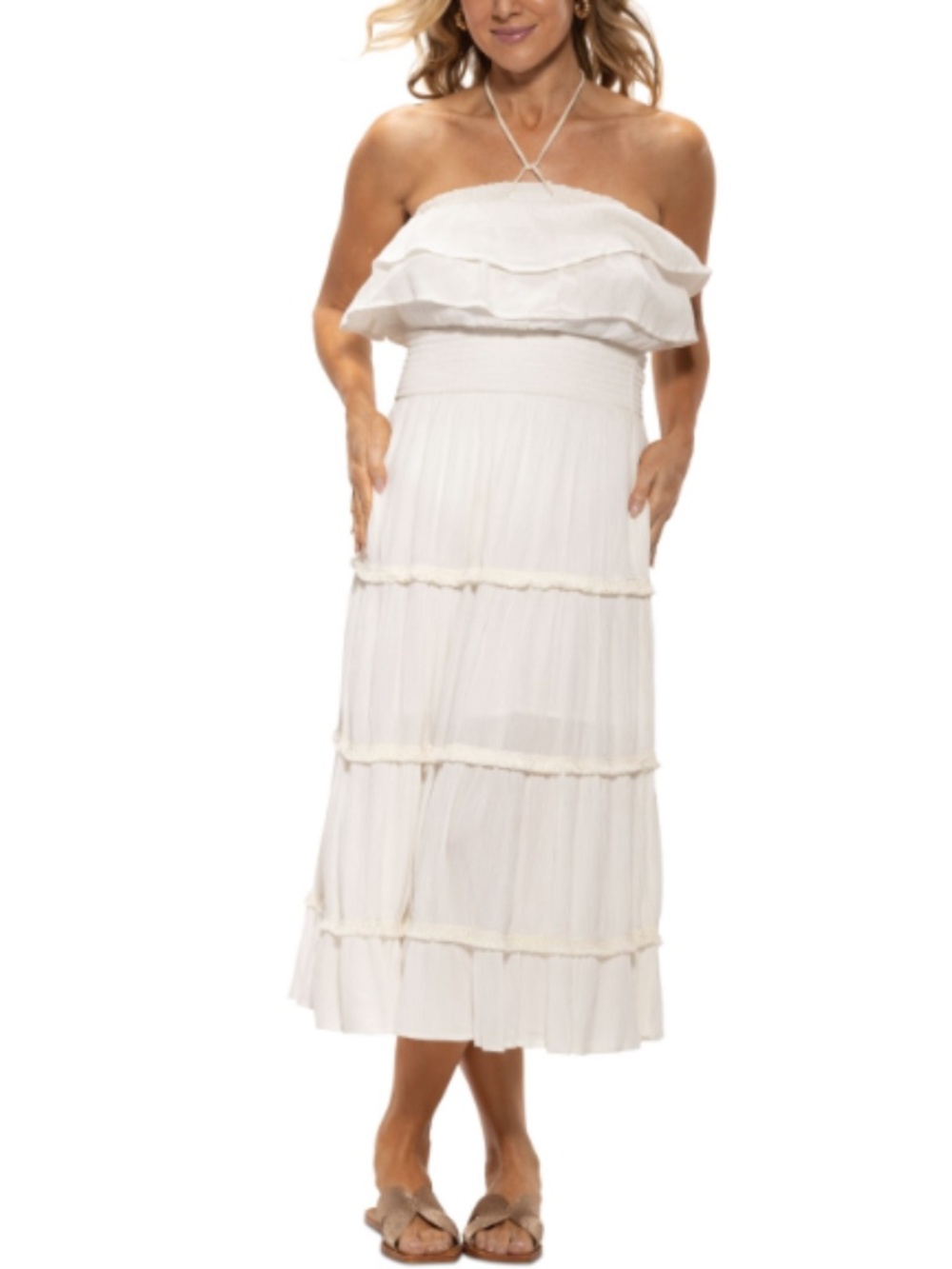Dotti Women's Ruffled Smocked-Waist Tiered Cover-up Dress - Ecru Size L 20018